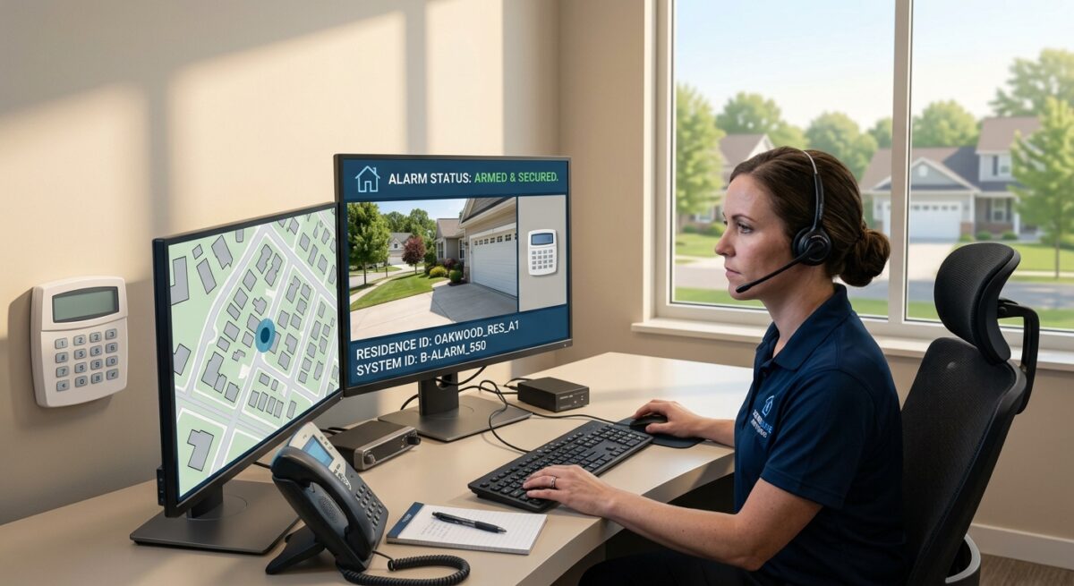 24-7-alarm-monitoring-center Operator at a 24/7 alarm monitoring center reviewing an armed residence