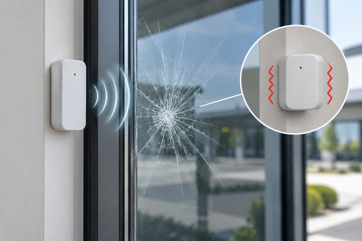 glass-break-shock-sensor Glass break and shock sensor installed on a glass door
