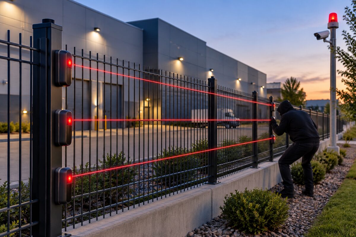 laser-perimeter-alarm-system Laser perimeter alarm system beams detecting an intrusion attempt