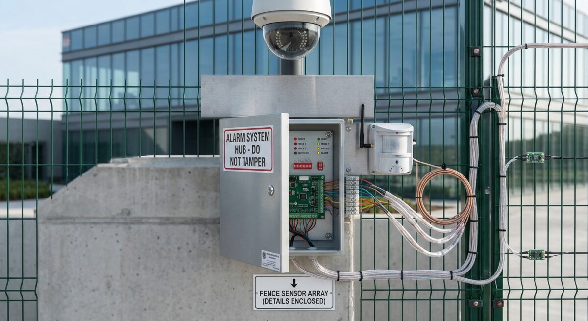 perimeter-alarm-hub-fence-sensor-array Perimeter alarm system hub wired to a fence sensor array