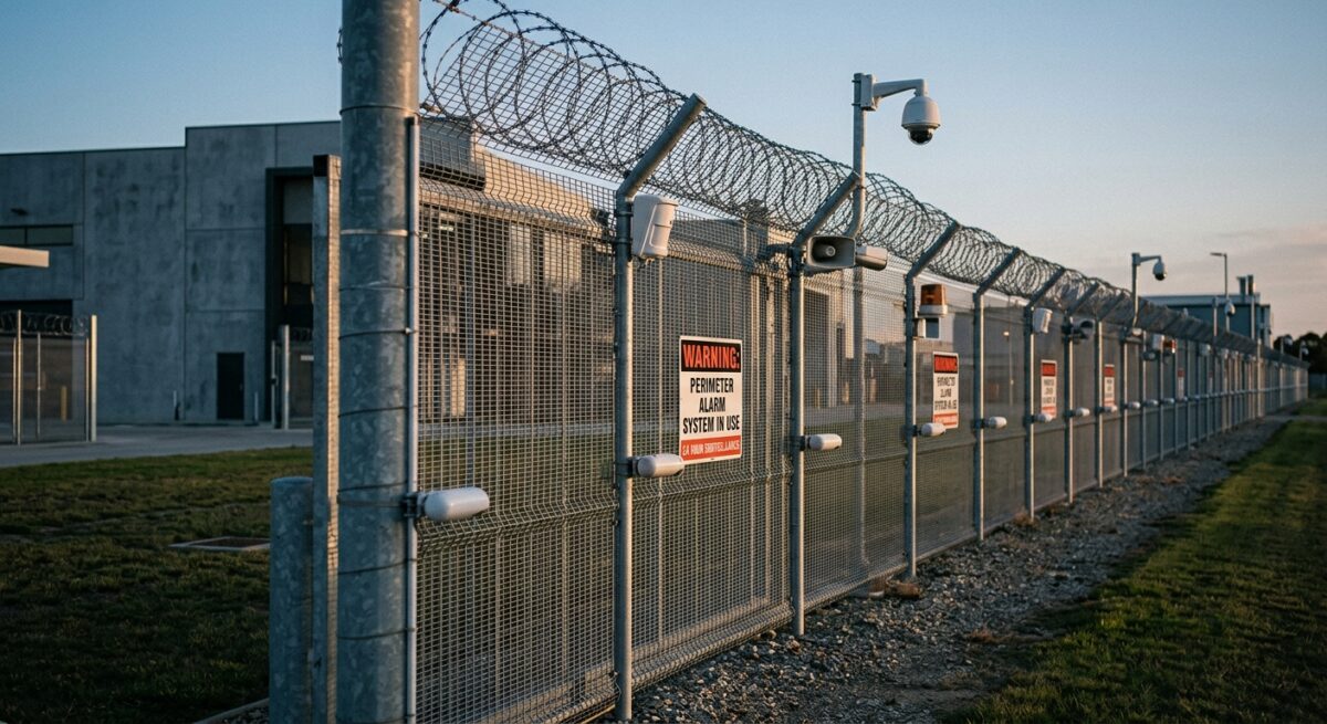 perimeter-alarm-sensors-fence-line Perimeter alarm sensors along a secured commercial fence line