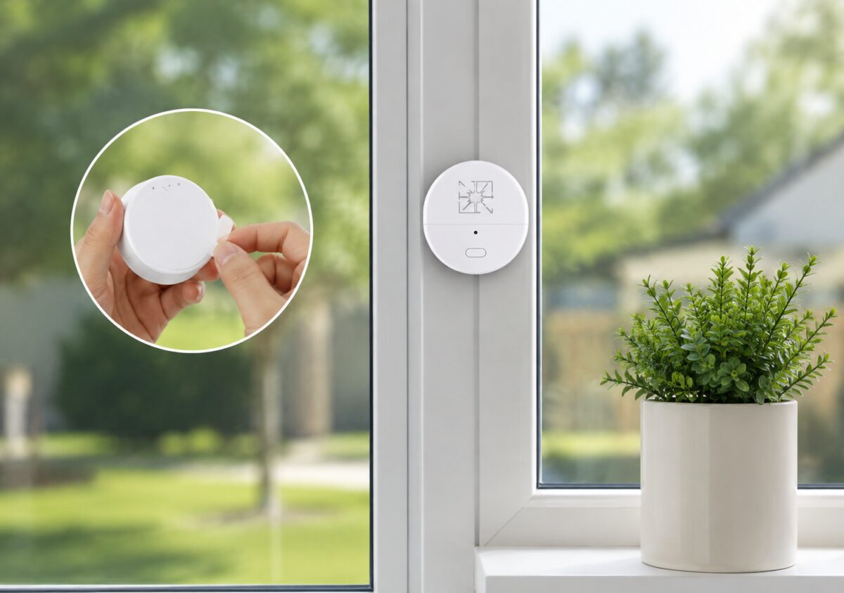 window-break-sensor Window break alarm sensor mounted on glass